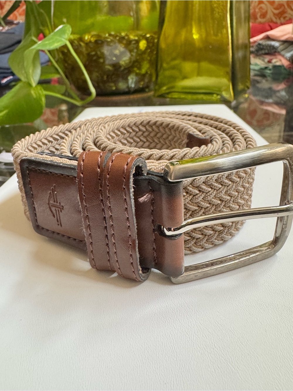 “Dockers” Woven Beige Stretch Belt with Brown Leather Trim